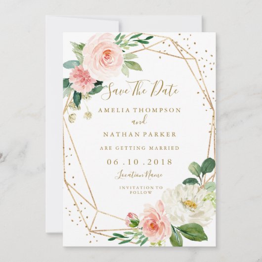 Save The Date Blush Gold Floral Mariage géométrique Enregistrer  (Devant)