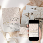 Save The Date Blush Gold Scroll Damask photo engagée<br><div class="desc">"Blush Gold Scroll Damask Engaged Photograph Save the Date." Votre photo, vos noms et votre date de mariage sont présentés à l'envers afin que vos invités puissent garder et chérir votre faire-part pour toujours. Elégante, à peine rose et beige classique feuille et damas floral motif peint par Audrey Jeanne Roberts,...</div>