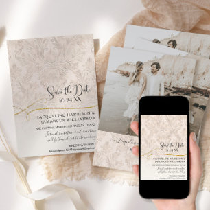 Save The Date Blush Gold Scroll Damask photo engagée