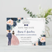 Save The Date Blush Navy Blue Floral Twins Garçon fille Quinceañ (Debout devant)