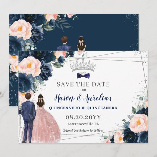 Save The Date Blush Navy Blue Floral Twins Garçon fille Quinceañ (Devant / Derrière)