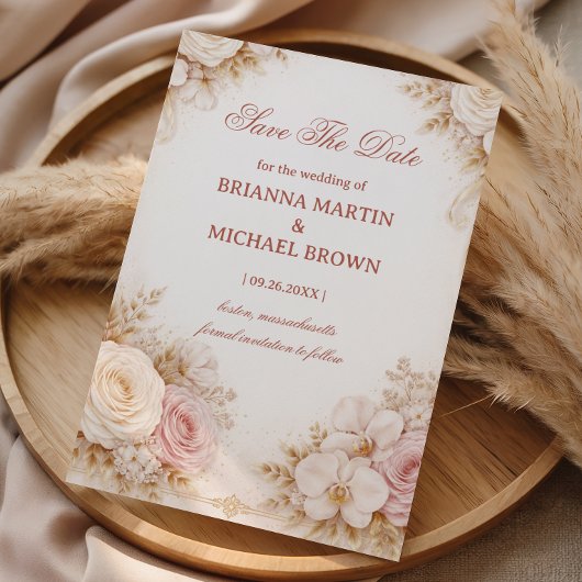 Save The Date Blush Neutral Floral Elegant
