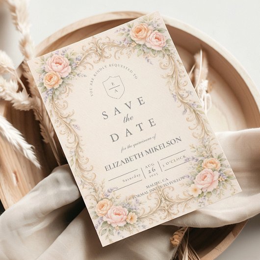 Save The Date Blush Peach Baroque Quinceañera