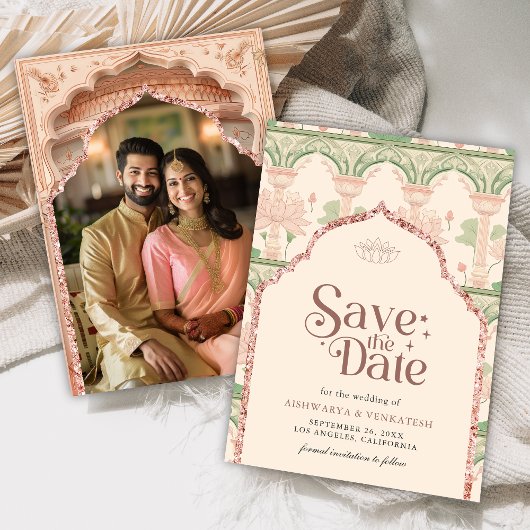 Save The Date Blush Pink Mint Green Lotus Garden Indian Wedding