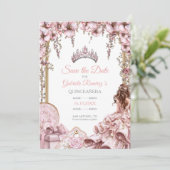 Save The Date Blush Pink Silver Tiara Floral Quinceañera (Debout devant)