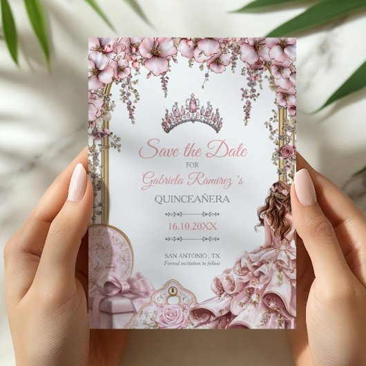 Save The Date Blush Pink Silver Tiara Floral Quinceañera
