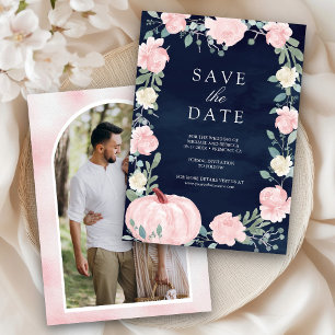 Save The Date Blush rose Floral Citrouille Navy Blue Photo Maria