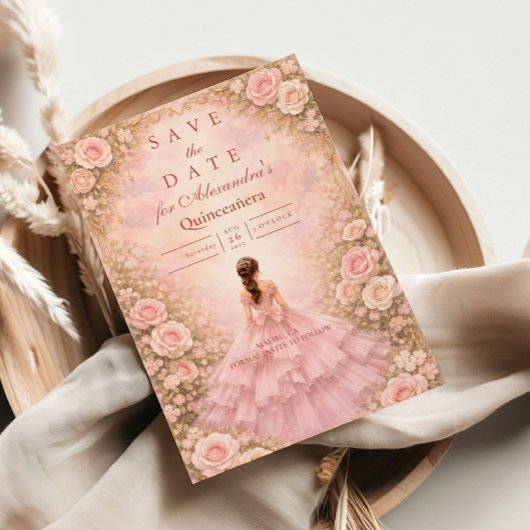 Save The Date Blush Rose Garden Quinceañera