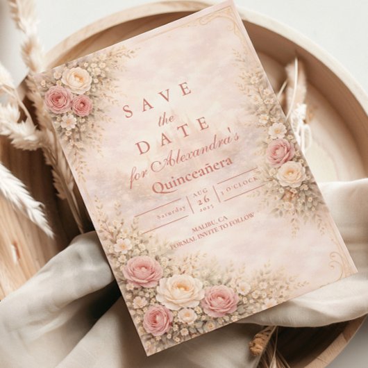 Save The Date Blush Rose Gold Garden Quinceañera