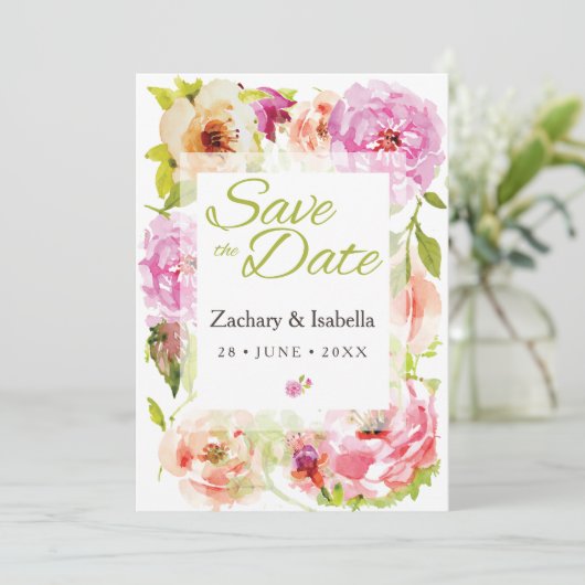 Save The Date Blush rose joli Florals Mariage Enregistrer la dat (Debout devant)