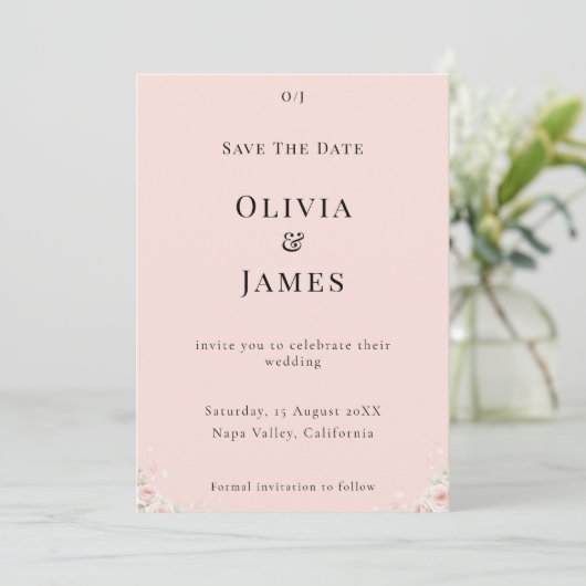 Save The Date Blush Silk Pink Whispered Petals Modern Floral  (Debout devant)