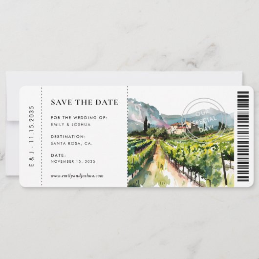 Save The Date Boarding Pass Rustic Winery Mariage paysage (Devant)