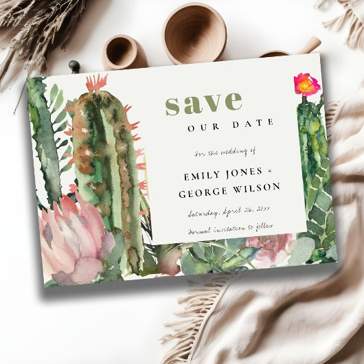 SAVE THE DATE BOHÈME CACTUS DE DÉSERT À FLEURS PINK FOLIAGE ACRÉ