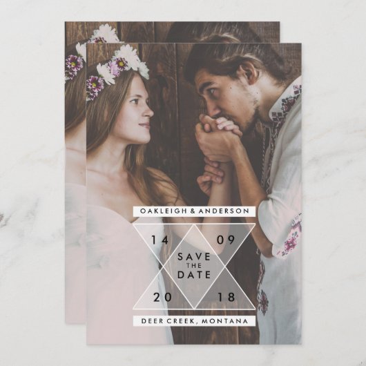 Save The Date Bohême Enregistrer la date | Triangles Chic (Devant / Derrière)