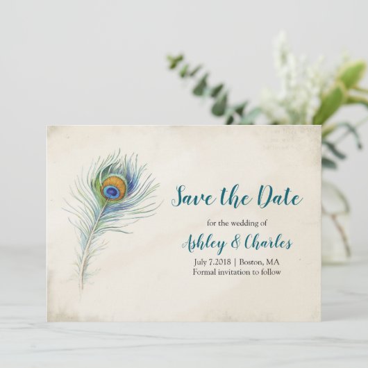 Save The Date Bohème Peacock Feather Elegant Mariage Turquoise (Debout devant)