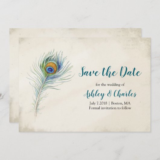 Save The Date Bohème Peacock Feather Elegant Mariage Turquoise (Devant / Derrière)