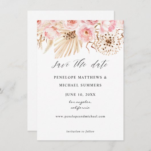 Save The Date Bohème Rose Floral Enregistrer La Date (Devant / Derrière)