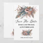 Save The Date Bohème Rustique Argent et Fleurs Roses (Devant / Derrière)