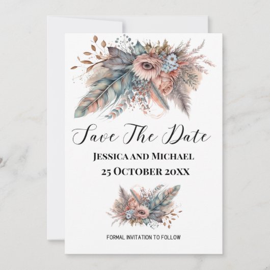 Save The Date Bohème Rustique Fleurs Argent et Rose (Devant)
