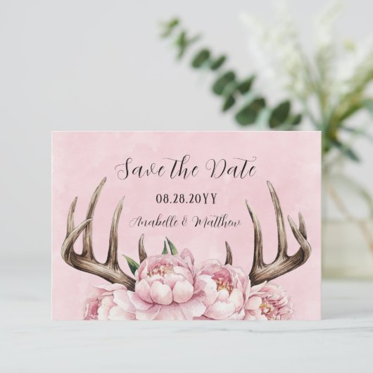 Save The Date Boho Antler avec Mariage Pink Peonies (Debout devant)