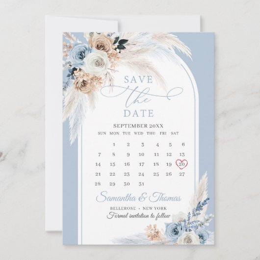 Save The Date Boho aquarelle bleu et rouille arc tropical fleuri (Devant)
