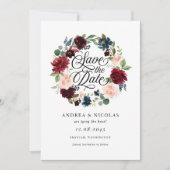 Save The Date Boho Aquarelle Bourgogne et bleu Floral Wreath (Devant)