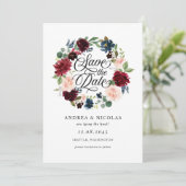 Save The Date Boho Aquarelle Bourgogne et bleu Floral Wreath (Debout devant)
