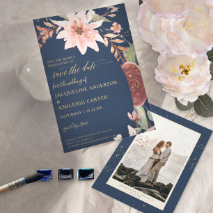 Save The Date BOHO Arc Élégant Marine Blush n Flore rouge avec o