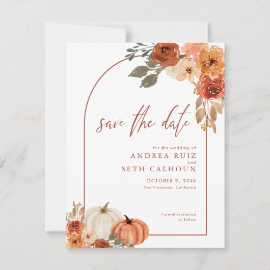 Save The Date Boho Arch Automne Citrouille Floral Terracotta (Devant)