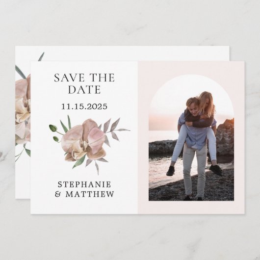 Save The Date Boho Arch Dusty Orchids Mariage photo (Devant / Derrière)