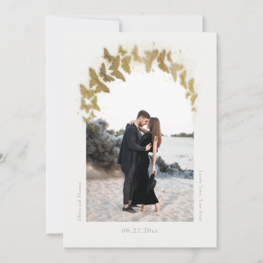 Save The Date Boho Arch Gold Butterflies Élégant Mariage photo (Devant)