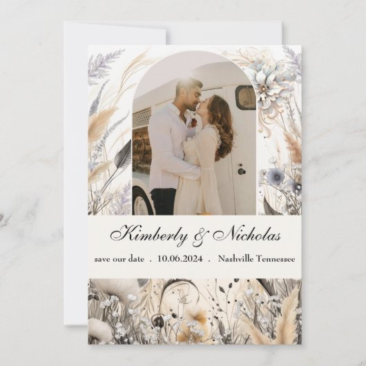 Save The Date Boho Arche Rustique Naturel Pampas Floral Botaniqu (Devant)