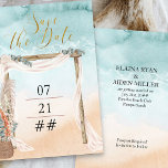 Save The Date Boho Beach Arbor Destination Mariage<br><div class="desc">Mariage de plage Boho Save the Date avec arbor rustique, élégante calligraphie or et aquarelle littoral de l'océan. Ce magnifique design dispose d'une plage de sable, arche mariage de style bohème et chic décorée de voile et d'eucalyptus avec un panier de pampa herbe et fleurs tropicales. "Enregistrer la date" est...</div>