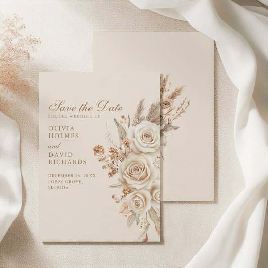 Save The Date Boho Beige séché Fleurs et Mariage Rose