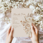 Save The Date Boho Beige séché Fleurs et Mariage Rose