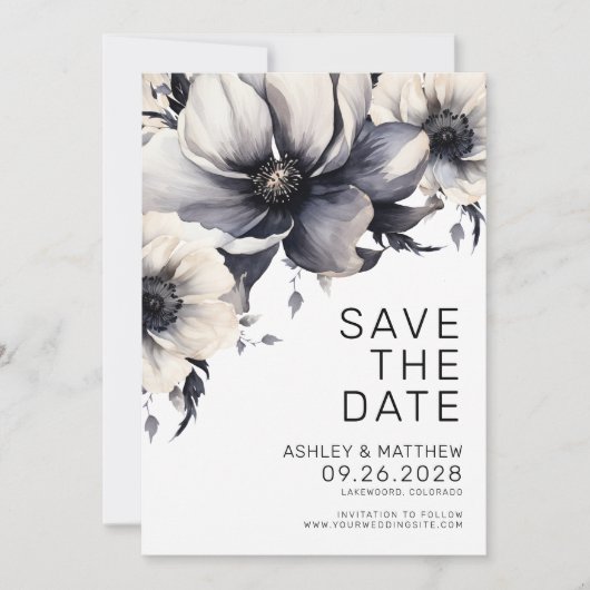 Save The Date Boho Black Blanc Floral Mariage (Devant)