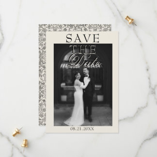 Save The Date Boho Black Cream Floral Photo Botanical Wedding 