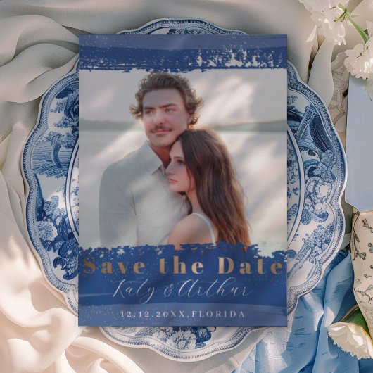 Save The Date Boho Bleu, Blanc & Or Enregistrez la Date
