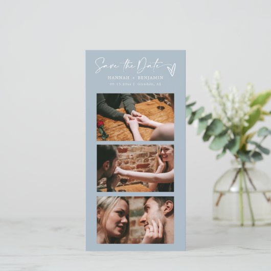 Save The Date Boho bleu Dusty moderne Photo Booth Strip QR Code (Debout devant)