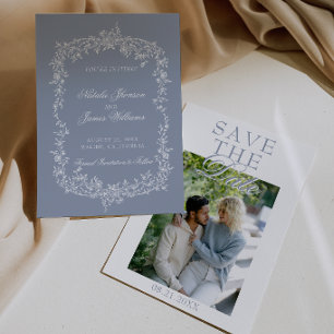 Save The Date Boho Bleu Floral Botanique Photo Mariage