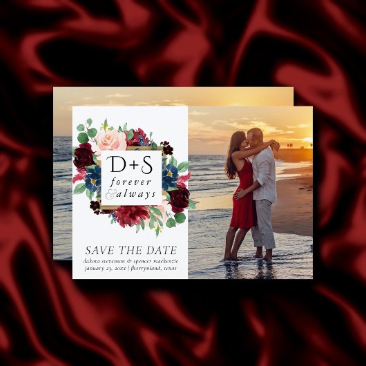 Save The Date Boho Bloom | Bourgogne et marine Monogramme 2 Phot