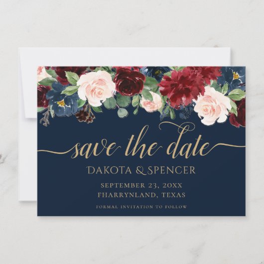 Save The Date Boho Blooms | Dark Rustic Navy Bleu et Bourgogne (Devant)