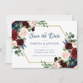Save The Date Boho Blooms | Russe Navy et Bourgogne Bouquet (Devant)