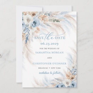 Save The Date Boho Blue Floral et ivoire Roses Pampas Grass