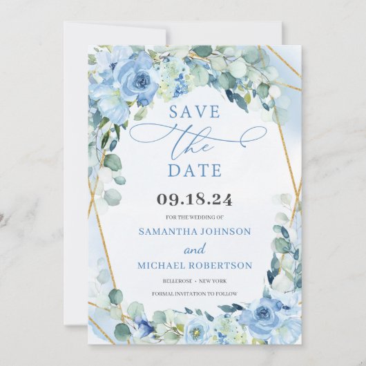 Save The Date Boho Blue Floral Roses et Gold Géométrique (Devant)