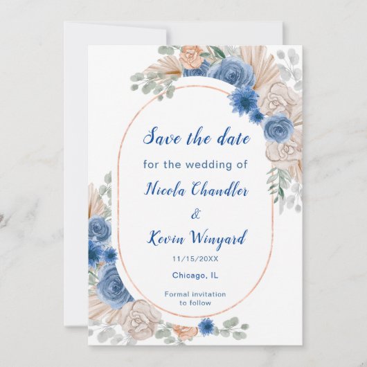 Save The Date Boho Blue Pampas Grass Enregistrer la date (Devant)