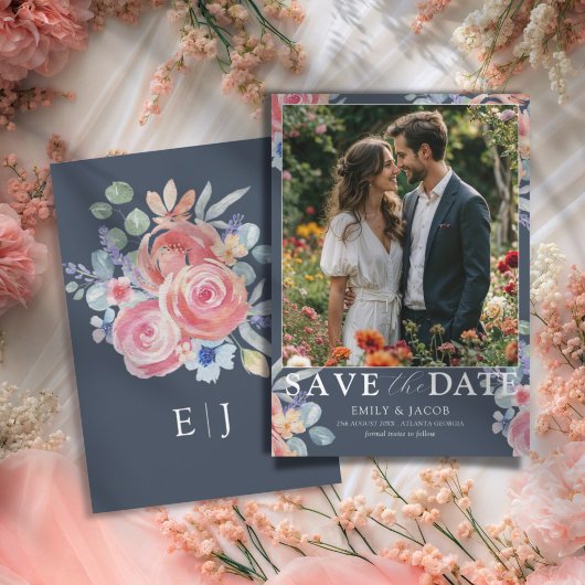 Save The Date Boho Blue & White Rose Floral Enregistrer la date