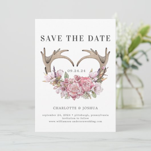 Save The Date Boho Blush Floral Antlers Photo Enregistrer la dat (Debout devant)