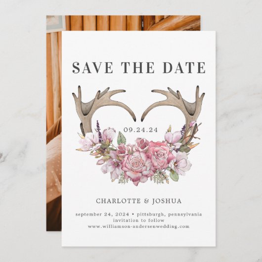 Save The Date Boho Blush Floral Antlers Photo Enregistrer la dat (Devant / Derrière)