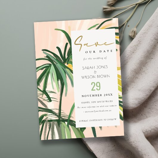 Save The Date Boho Blush Green Tropical Palm Beach Mariage